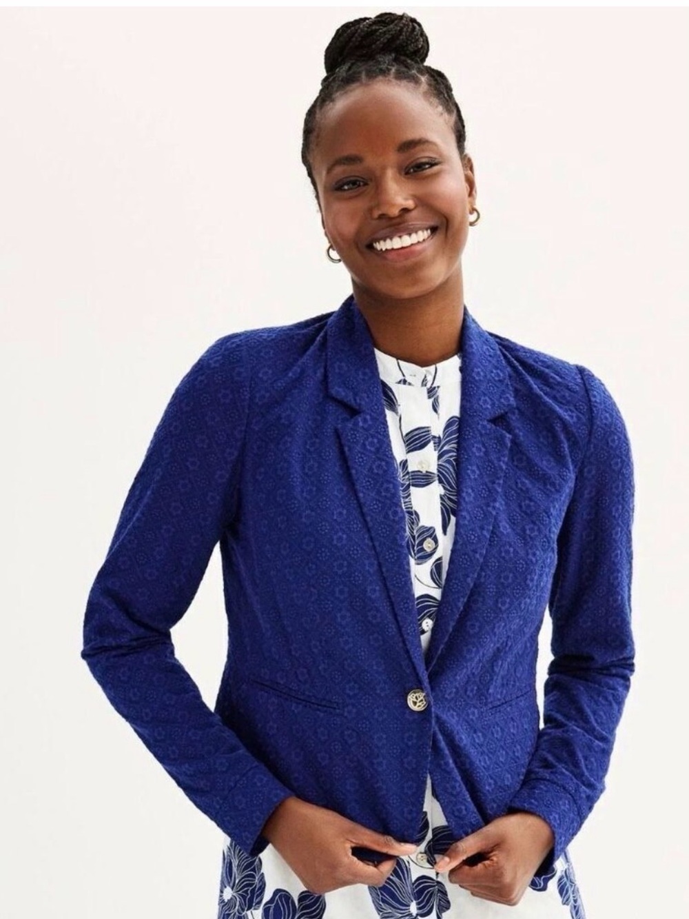 Draper James Eyelet Textured Royal Blue Single-Button Textured Blazer